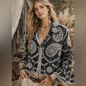 T37. Bohemian Black and White Women's Top